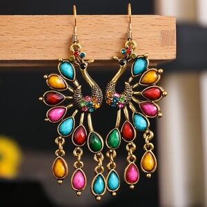 *NOVALIE* Multicolor x Gold Peacock Fashion Earrings